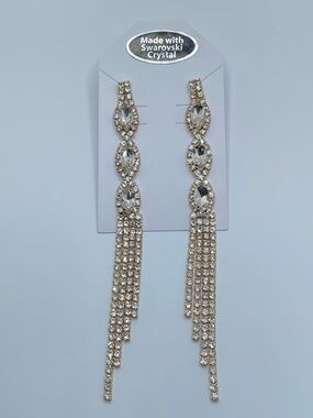 Gold Diamond White Swarovski Crystal Dangle Fringe Earrings Bridal Statement